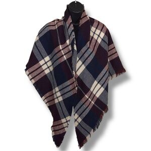 David And Young Knit Shawl Wrap Purple Blue White Flannel Plaid Fringe Accent
